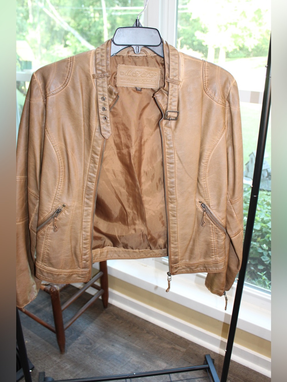 M.S.S.P Camel Faux Leather Moto Jacket Women’s XL Zip Front Biker